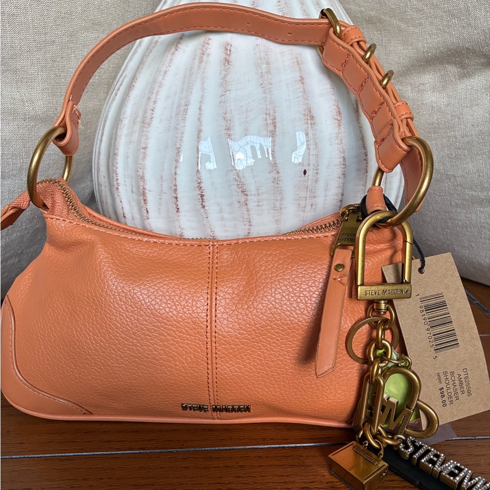 Steve Madden Peach Color Leather Shoulder Bag with Charm Detail
